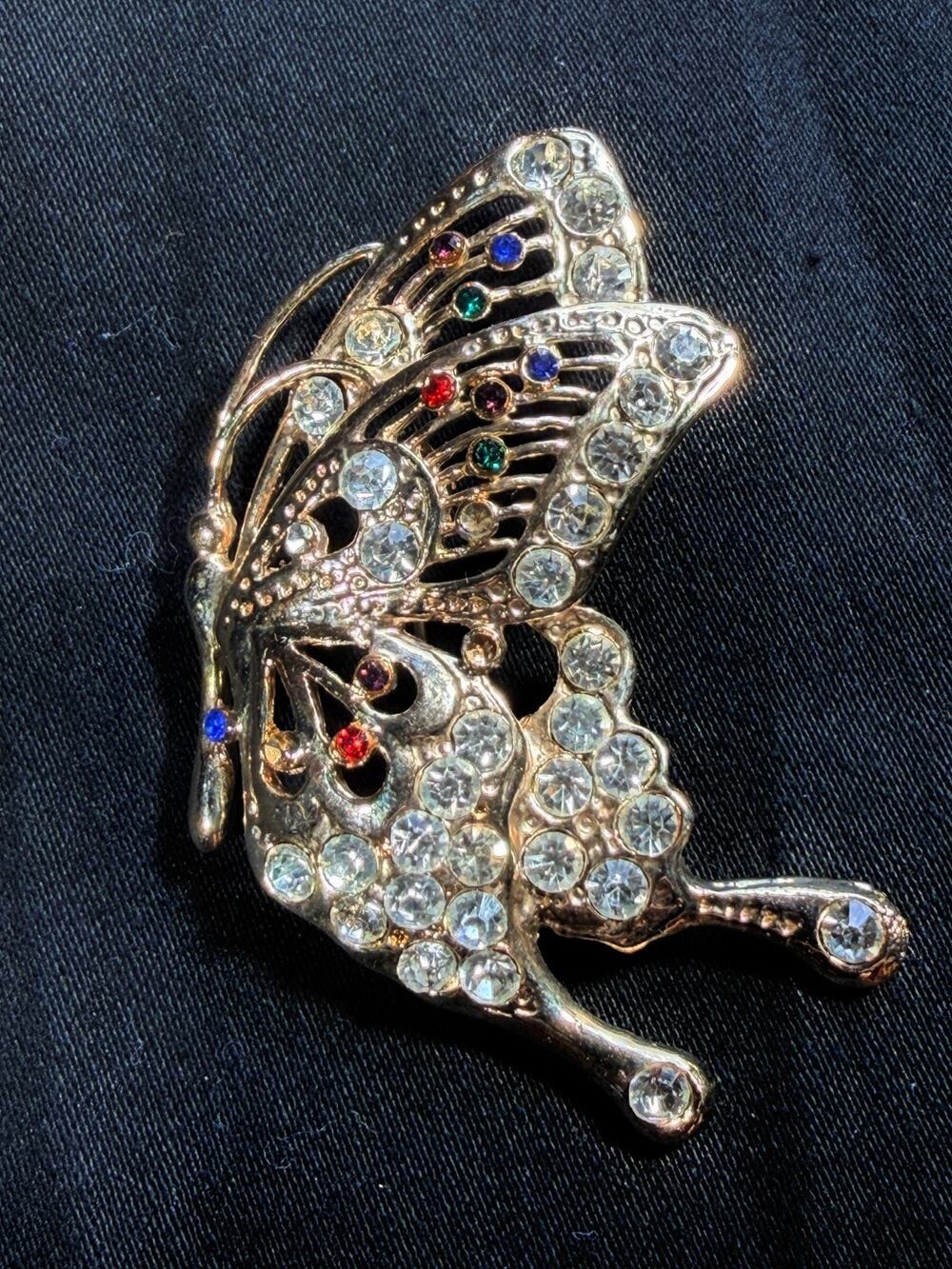 Vintage-Style Butterfly Brooch Gold-Tone Rhinestone Multicolor Statement Pin